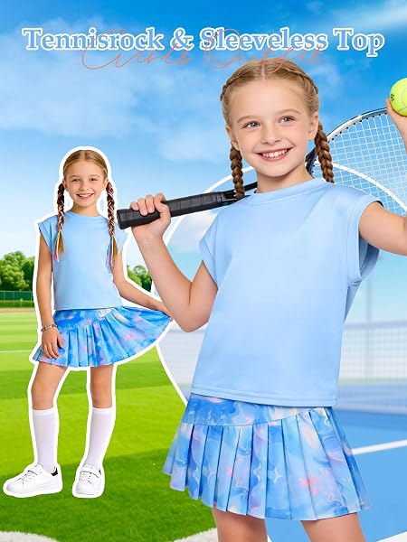 Autmor Traje de tenis para niña, camiseta sin mangas y falda de tenis, falda plisada con bolsillos interiores, traje deportivo para golf, bádminton y monopatín - 2