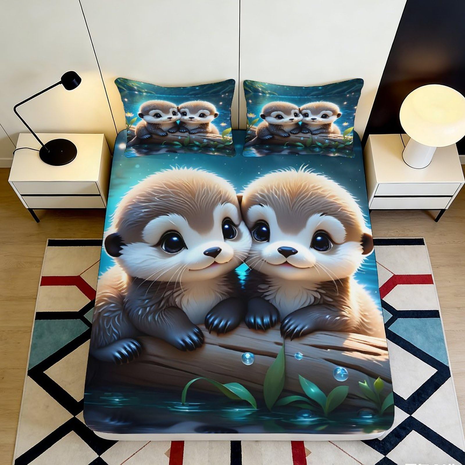 3D Printed Cute Otter Fitted Sheet Microfiber Soft Cartoon Animal Bed Cover for Bedroom Dorm Guest Room Mattress Protection 90x200x25cm