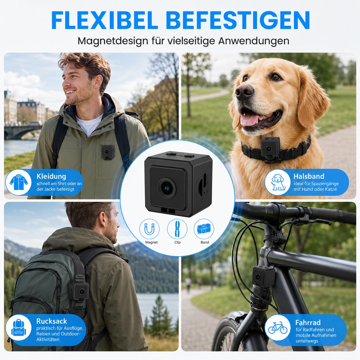 TKMARS Hundekamera für Hunde und Katzen, WLAN Mini Kamera mit Live-Ansicht, App-Steuerung, 1080P HD Aufzeichnung, 120° Weitwinkel, Magnetgehäuse, Körperkamera mit Halsband