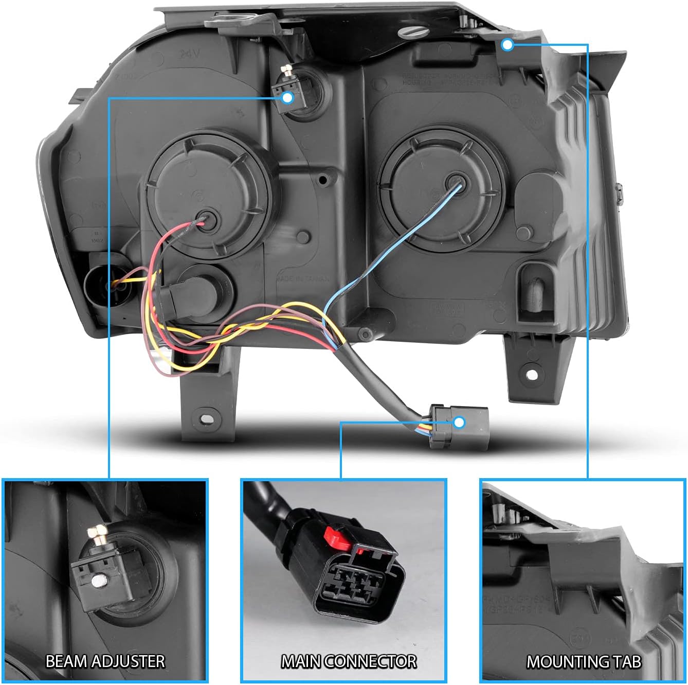 AmeriLite for 2005-2007 Jeep Grand Cherokee WK Switchback LED C-Type Tube Square Projector Black Headlights Assembly - Driver and Passenger Side