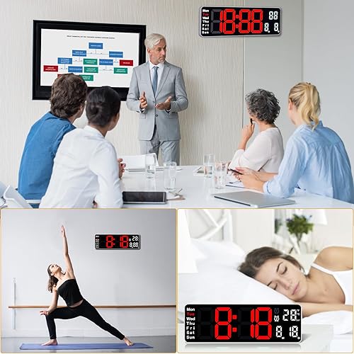 Miniatura 6 de Fuloon Reloj de pared digital con día y fecha, moderno, silencioso para sala de estar y dormitorio, control remoto (rojoblanco, 13 pulgadas)