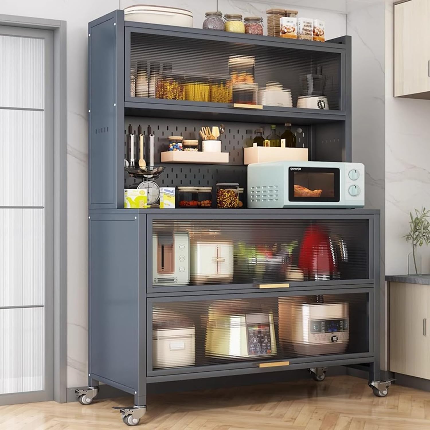 Kitchen Storage Cabinet, Microwave Stand with Flip-up Doors, Kitchen Pantry Storage Cabinet with Rolling Wheels, DIY Backplane Creative, Tall Cupboard for Kitchen, Living Room, Dining Room(White,80*42