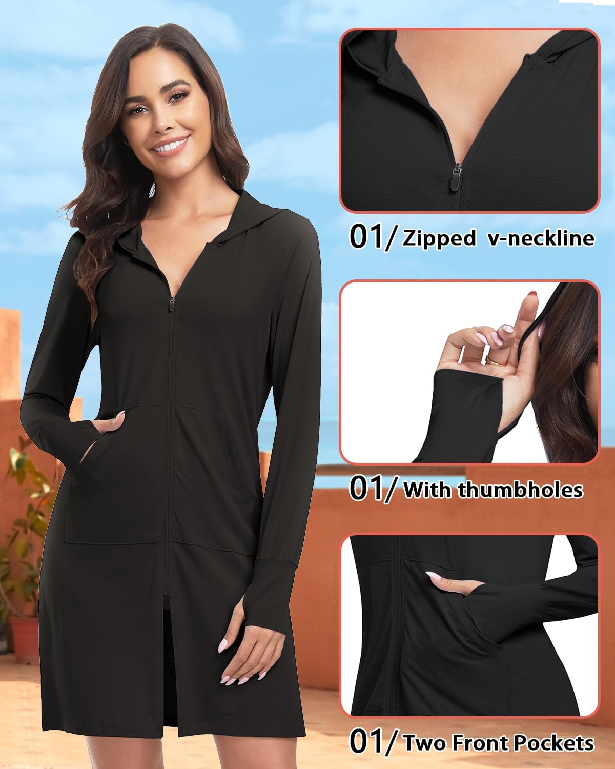 WOWENY UPF 50+ Swim Cover Up Beach Jacket for Women SPF Sun Protection Hoodie Lightweight Long Shirt Swimsuit Coverup - Image 4