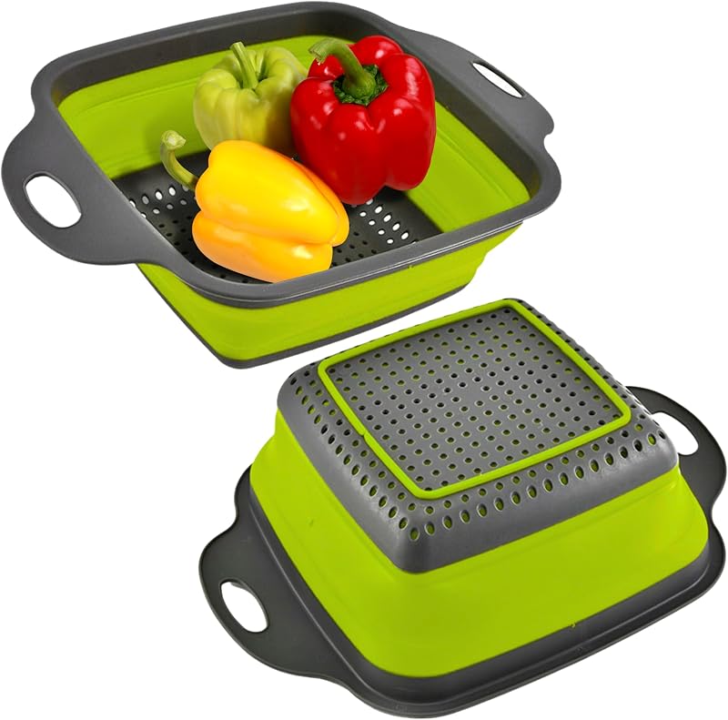 Square Collapsible Colander with Handles – Green Square Silicone Kitchen Strainers with Plastic Handles Foldable Kitchen Strainer Perfect for Draining Pasta Vegetable and Fruit Green