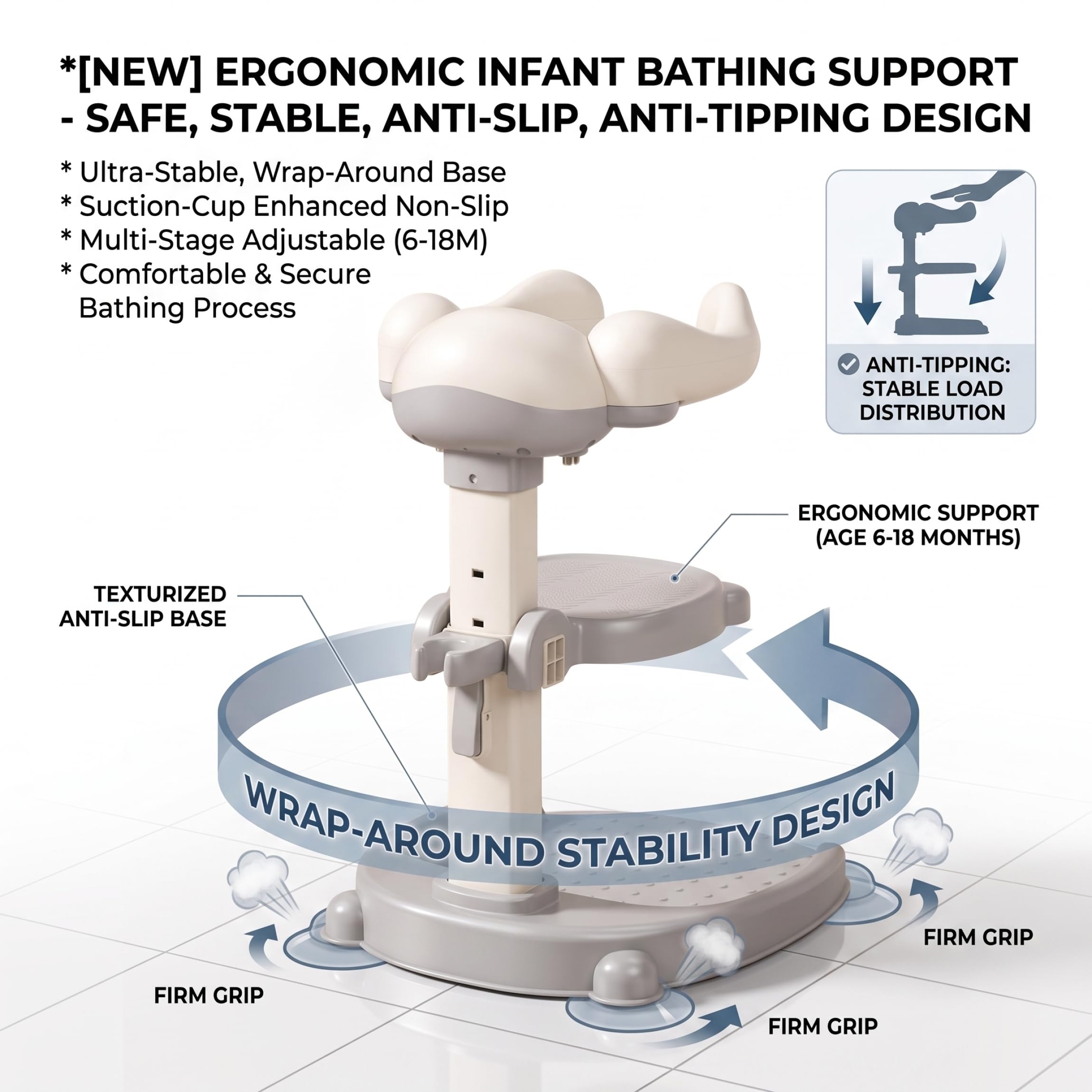 Doccia in piedi per bambini, supporto per bagnetto regolabile con base antiscivolo e sedile rimovibile, grigio