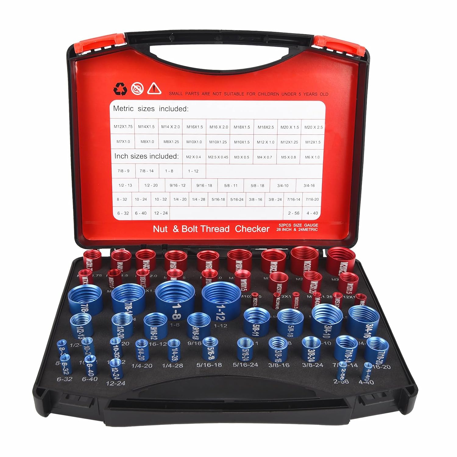 52Pcs Thread Checker, Nut and Bolt Thread Checker Kit Standard and Metric (28 SAE & 24 ISO) Detachable Bolt Size Finder Thread Gauge Measuring Tool Set for Quickly Size Check on Tricky and Narrow Area