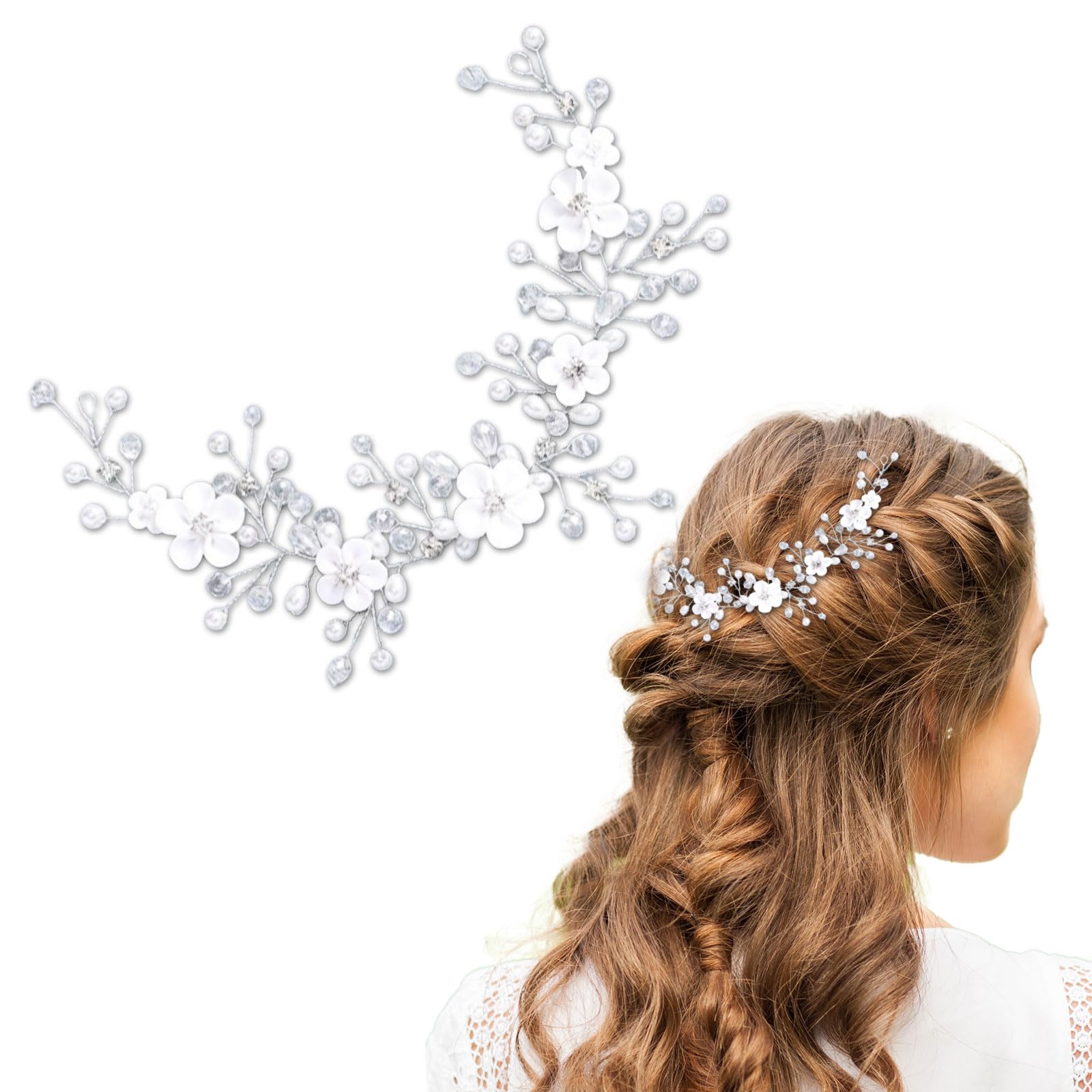 FUIPVGI Diadema de Novia, Princesa Blanco Flor Perla Vestido de Pelo, Diadema de Flores de Vid para Novia, Accesorios para el Cabello para Mujeres y Niñas, Crystal Hair Vines Flor Hoja Tocados (Plata)