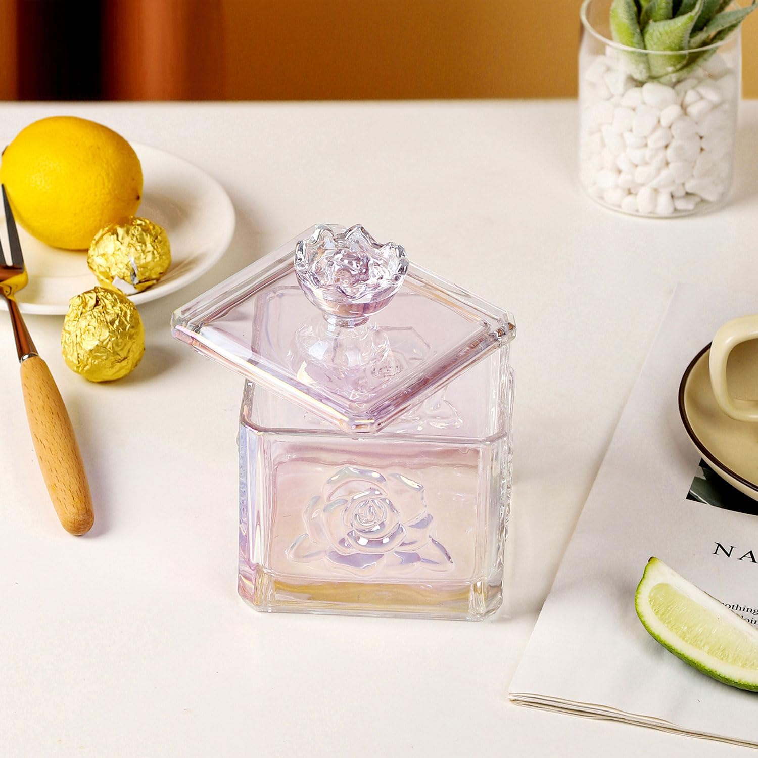 WHJY Cute Glass Candy Jar with Lid, Iridescent Colored Glass Candy Jar for Office Desk,Colorful Candy Dishes for Candy Buffet, Cookie Jar 4.5” Tall image 3