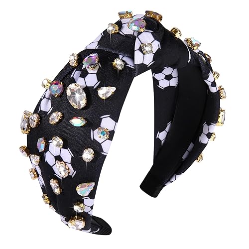 Diadema anudada con diamantes de imitación para mujer, béisbol, fútbol, baloncesto, fútbol, cristal, adornado, estampado, banda ancha con nudo