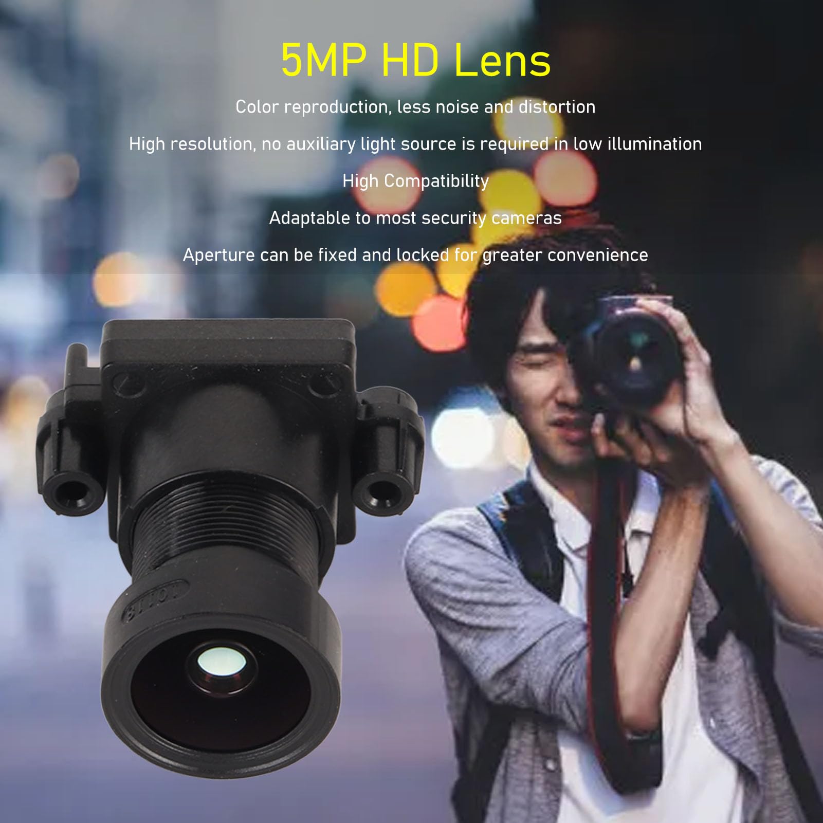 5MP Full Color HD Security Camera Lens, 2.8mm Fixed Focus, Warm Light, Universal for CCTV Surveillance Cameras, Sturdy ABS Material