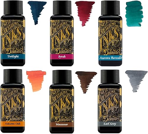 Diamine - Tinta para pluma estilográfica de 1.0 fl oz - Rueda de color - 6 botellas - Roble otoñal, Syrah, Macassar, Earl Grey, Aurora Borealis,