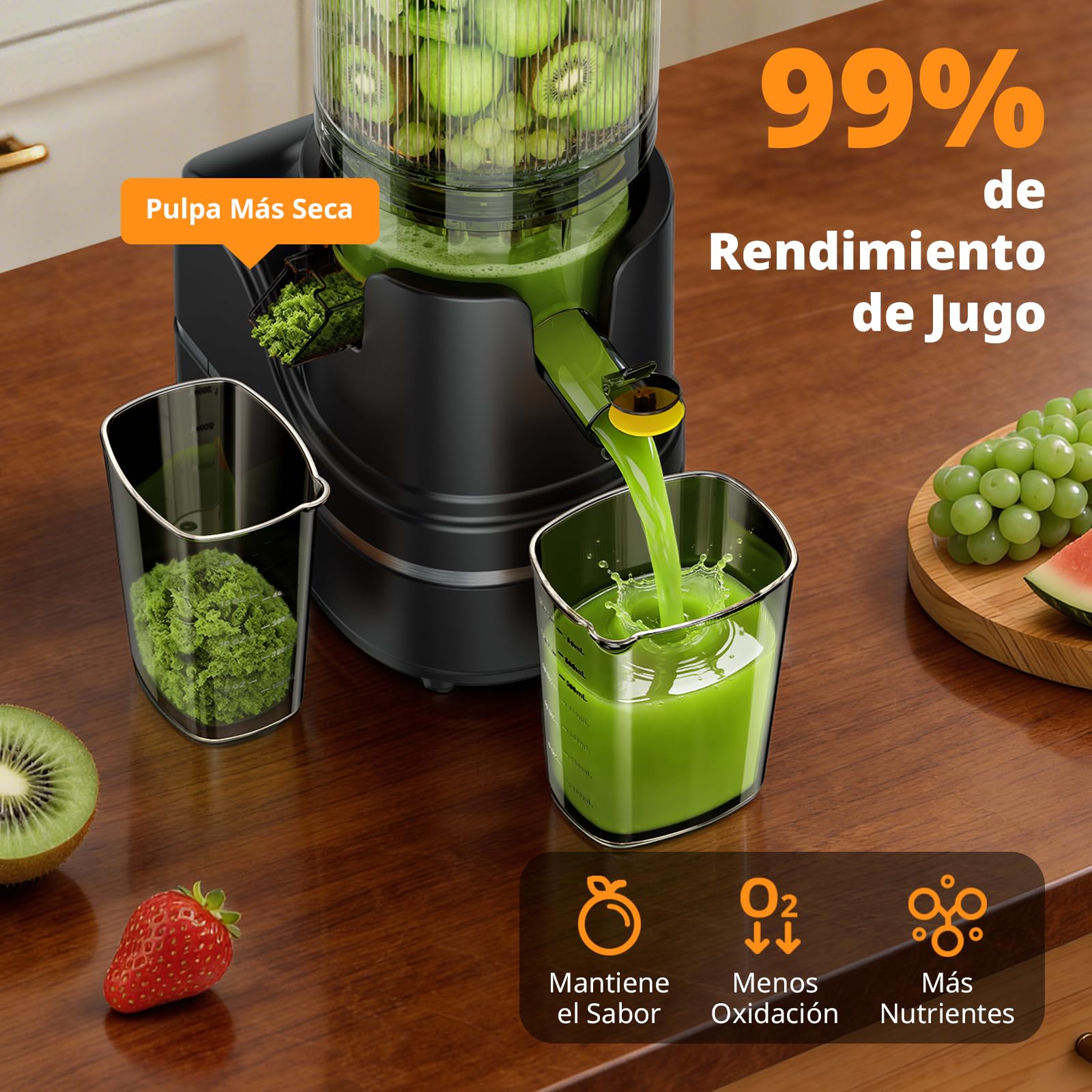 AIRMSEN Extractor de Zumos y Verduras 147MM Apertura Extractor, Capacidad de 2,1 L, Extractor de Jugo Prensado en Frío, Motor de 300 W, Licuadora Silenciosa y Eficiente, Fácil de Limpiar Negro