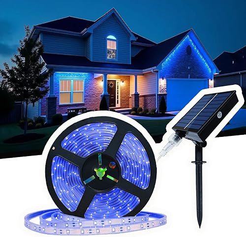 UT - Tira de luces LED solares para exteriores, 16.4 pies, 280 LED, tira LED de luz azul con 8 modos de iluminación IP67 impermeable 2835 SMD cuerda