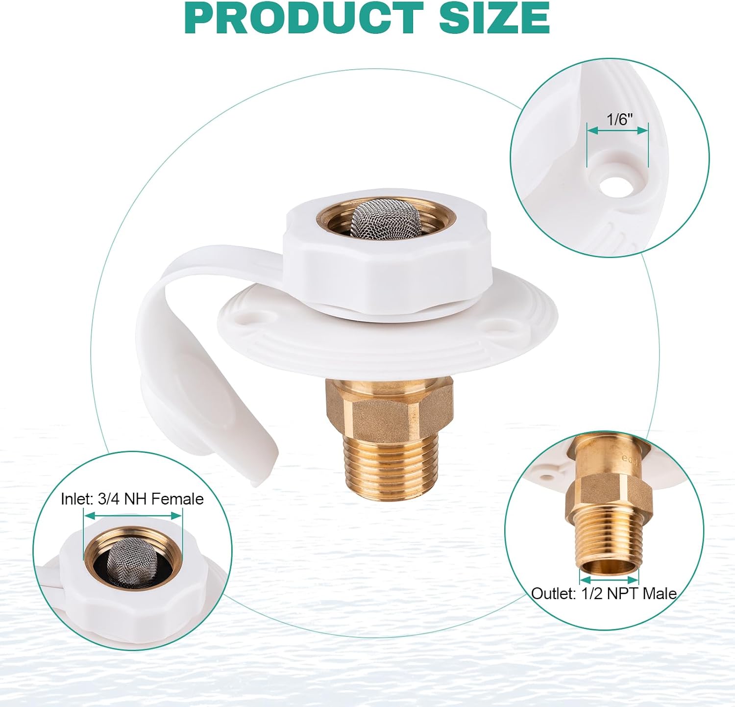 RV City Water Inlet with Check Valve, 3/4" NH Female to 1/2" NPT Male, RV Water Inlet Connection for Camper, Trailer, Marine, White