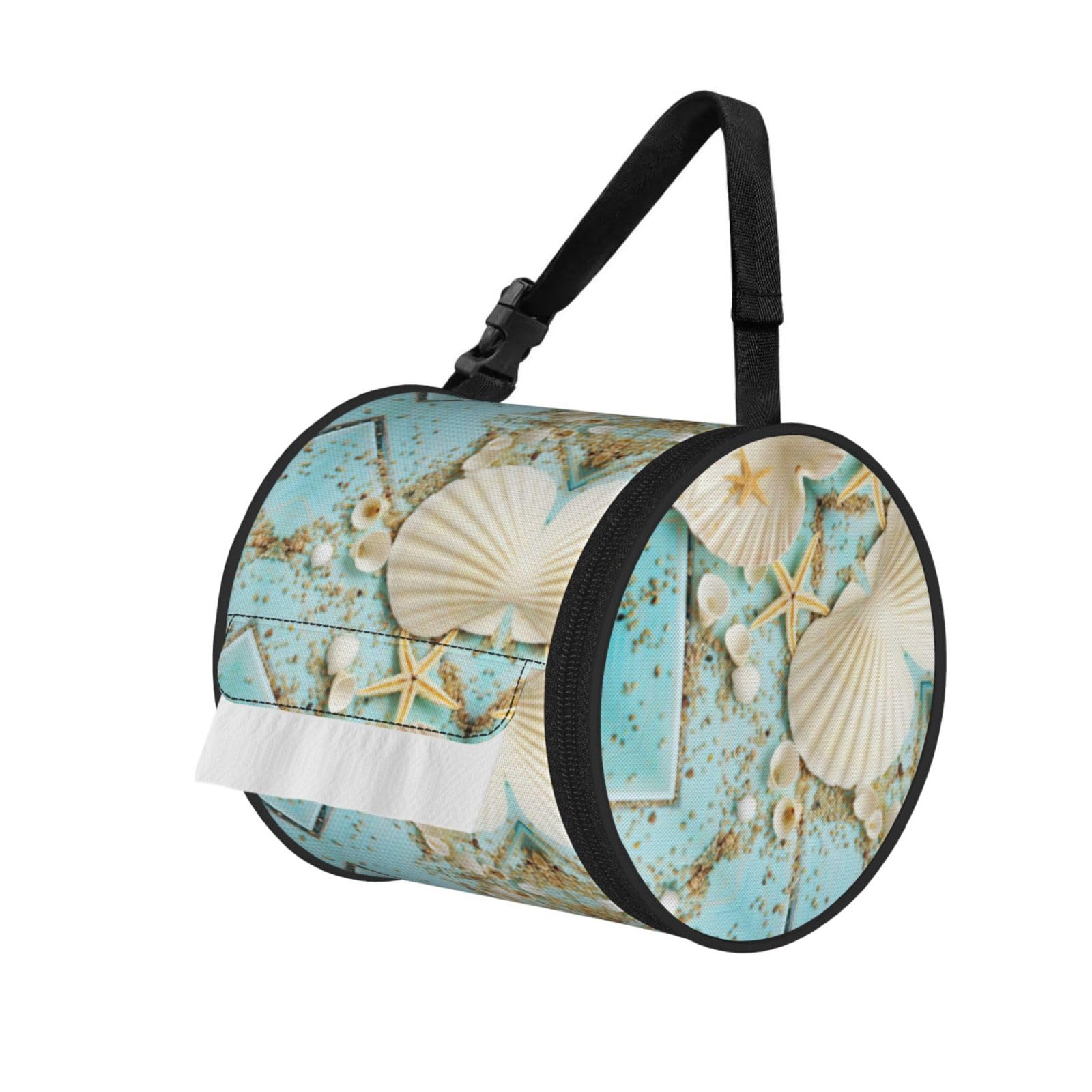 Ocean Sea Beach Seashells Starfish Blue Printed Hanging Tissue Organizer, Smooth Zipper Oxford Cloth Roll Holder for RV Bathroom Desk