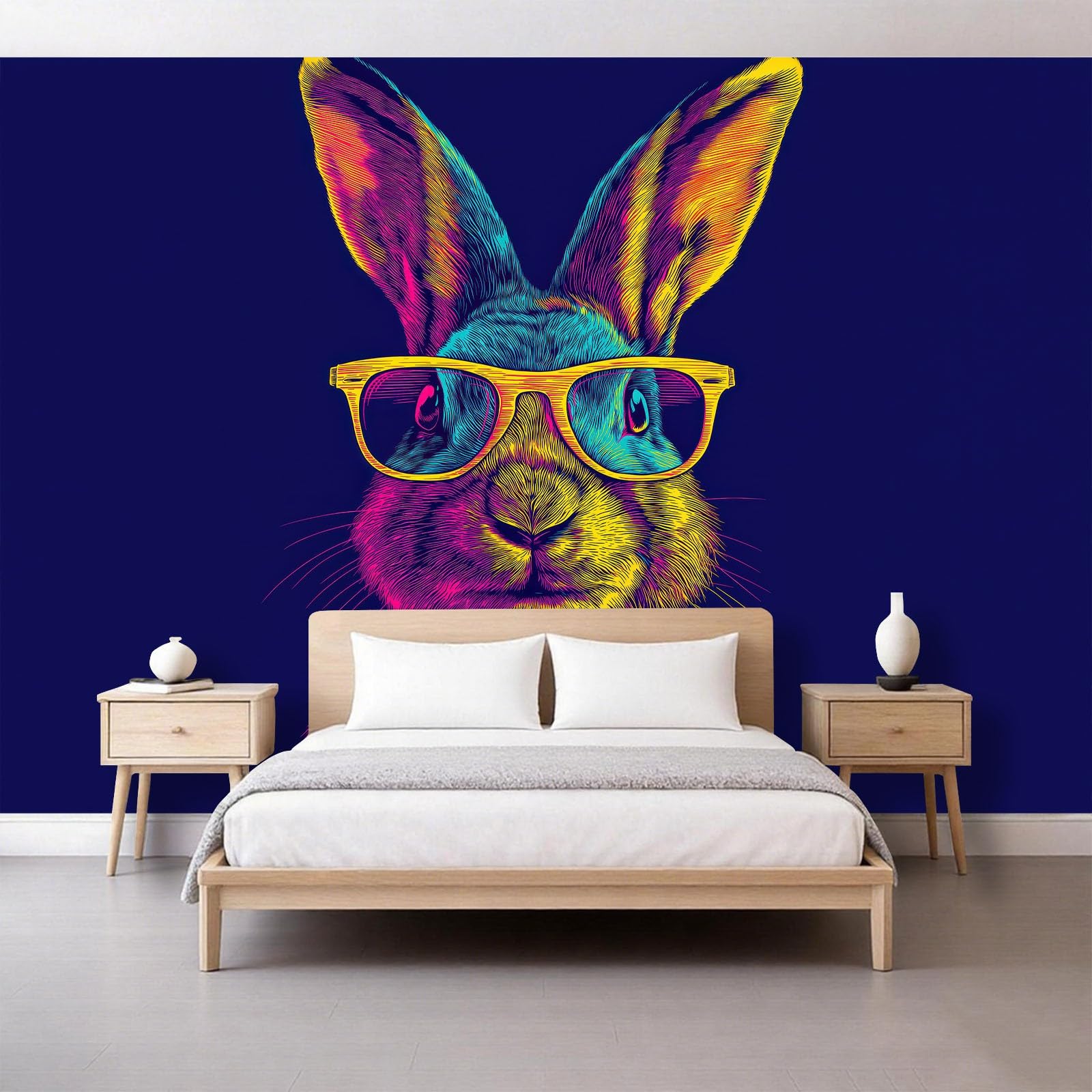 Panoramiczna tapeta 350 x 256 cm, włóknina ścienna ścienna neonowy minimalistyczny zwierzęcy królik - do salonu pokoju dziecięcego i ciemnoniebieski dekoracja ścienna
