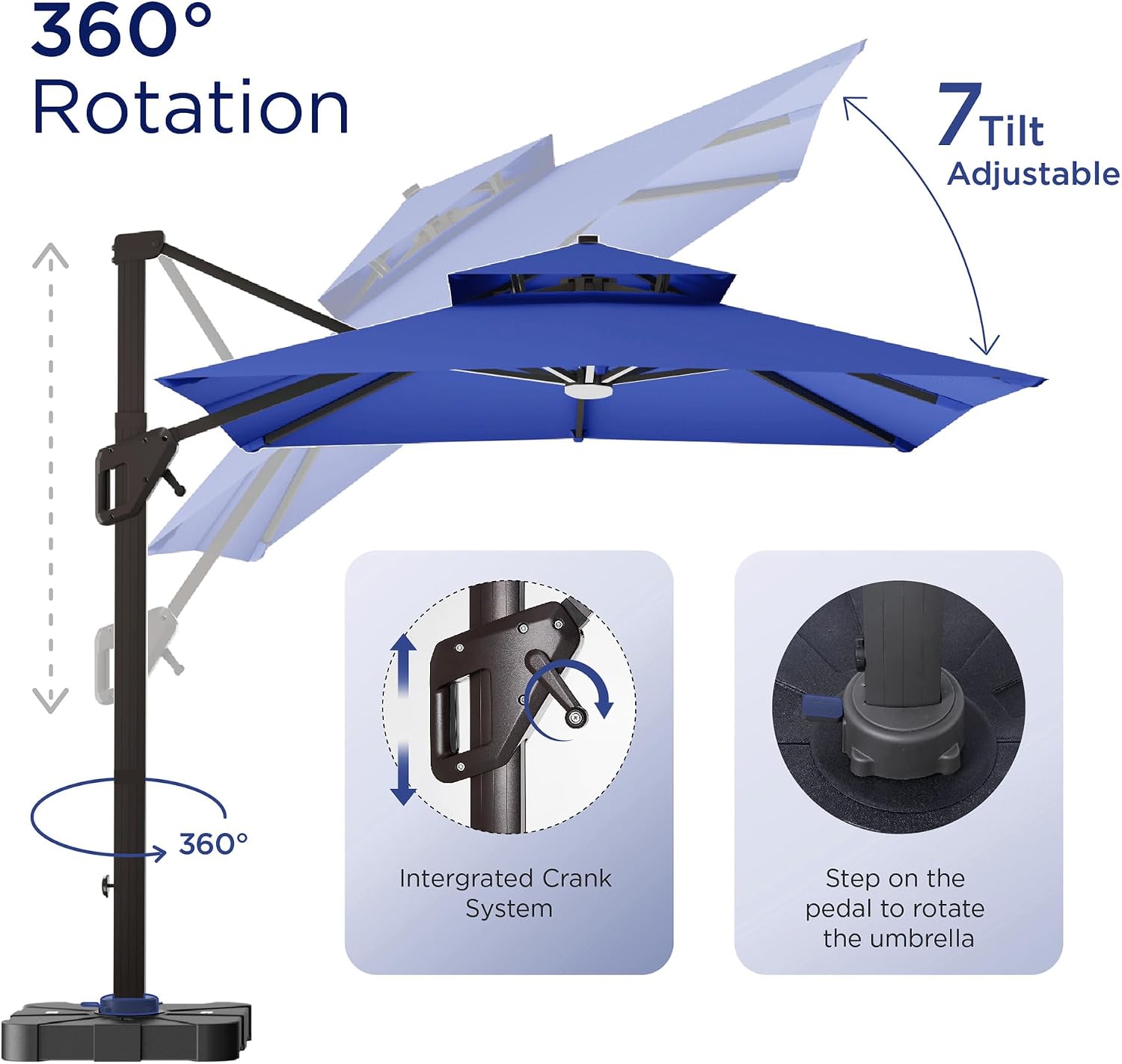 10' X 13' Patio Umbrella with LED Lights Outdoor Cantilever Large Rectangle Offset Umbrellas Heavy Duty Aluminum Double Top with 360-degree Rotation for Pool Garden Deck, Navy