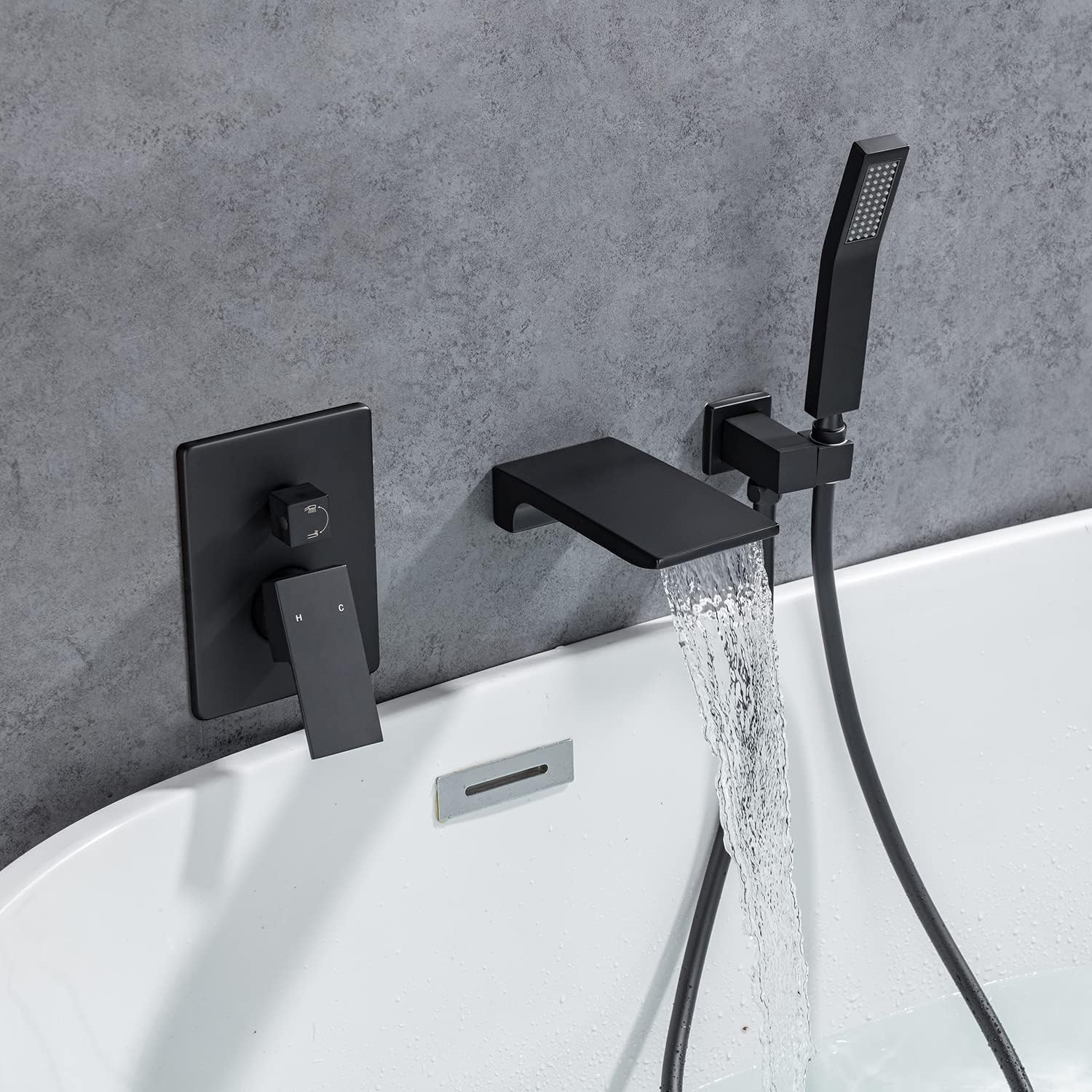 Roman Tub Filler Faucet with Waterfall Spout Wall Mounted Single Handle Bathtub Shower Faucet with Hand Shower Wall Mount Waterfall Tub Faucets Sets, Matte Black