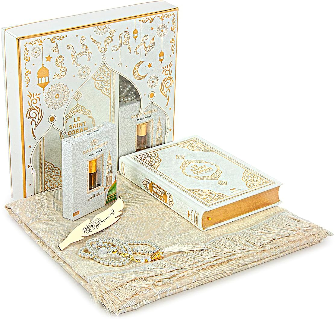 ihvan online Prayer Gift Set for Hajj and Umrah, Muslim Prayer Rug, Prayer Mat, Beads Taasbih, Holy Quran Translated French, Praying Mat, Islamic Gift Set for Ramadan & Eid, White