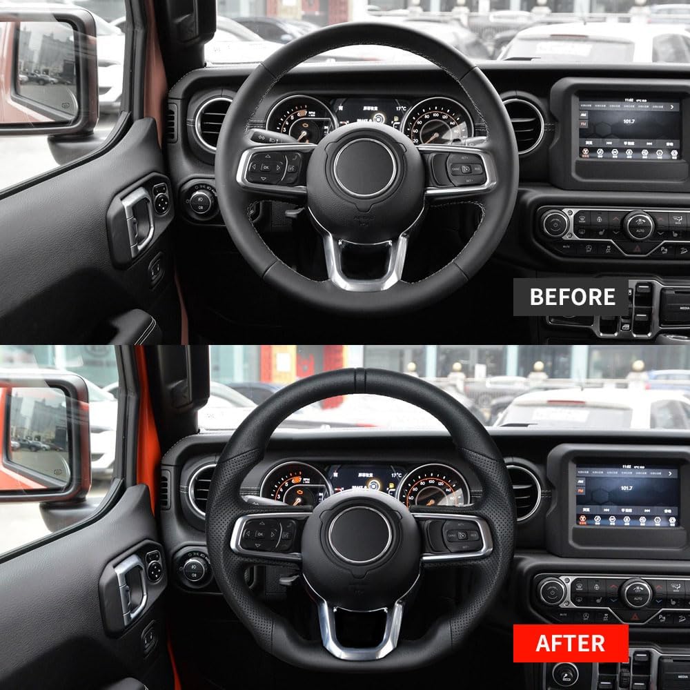 Full Leather Steering Wheel, D-shaped Preforated Leather Grip Steering Wheel Fit For Jeep wrangler JL/JT 2018-2024