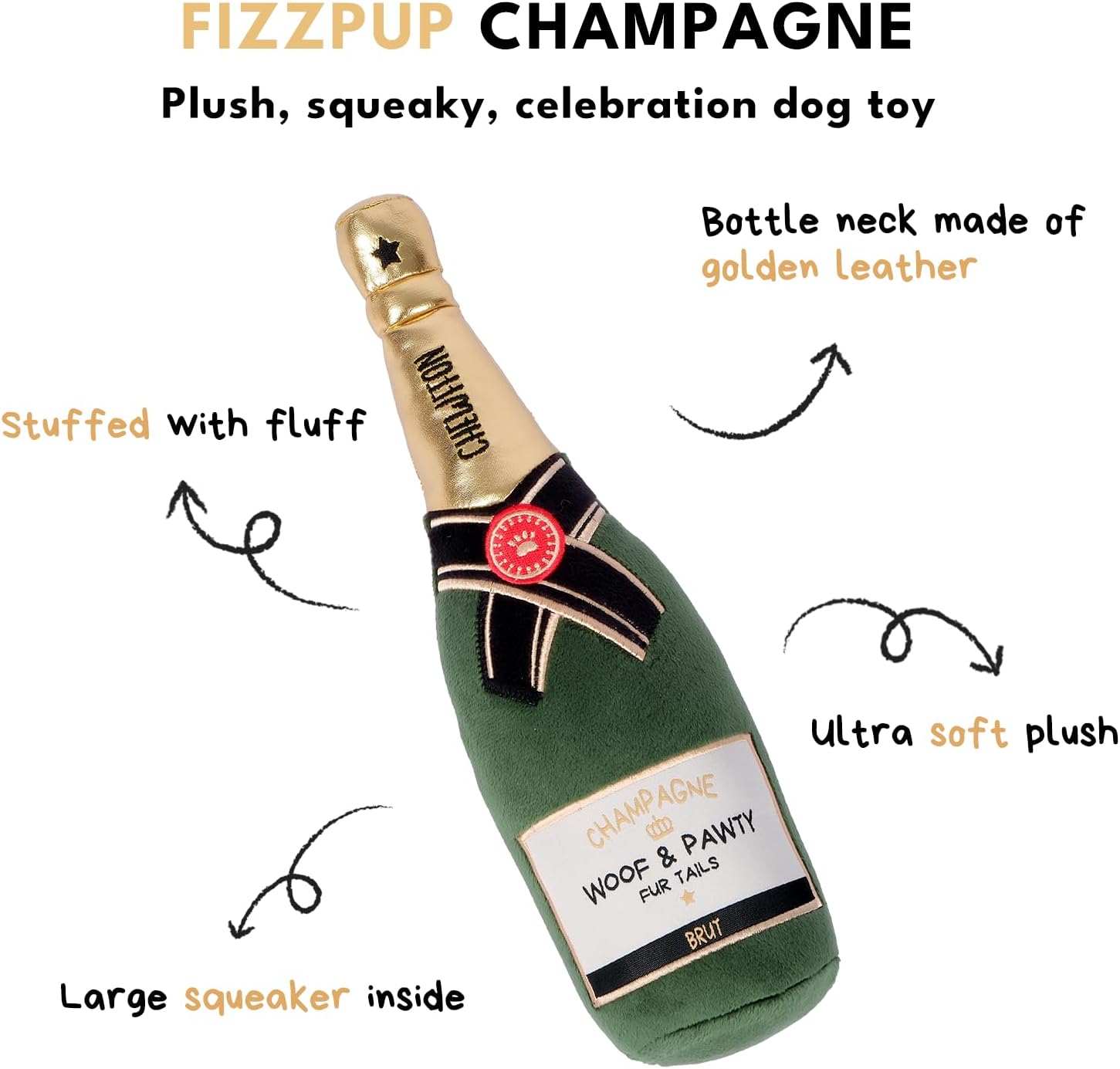 CHEWFFON Dog Toy, Interactive Champagne Shape Squeaky Toy for Boredom | Plush Pet Present Chew Toy for All Breeds Dogs, Enrichment Puppy Toys for Birthday Stimulating Gifts