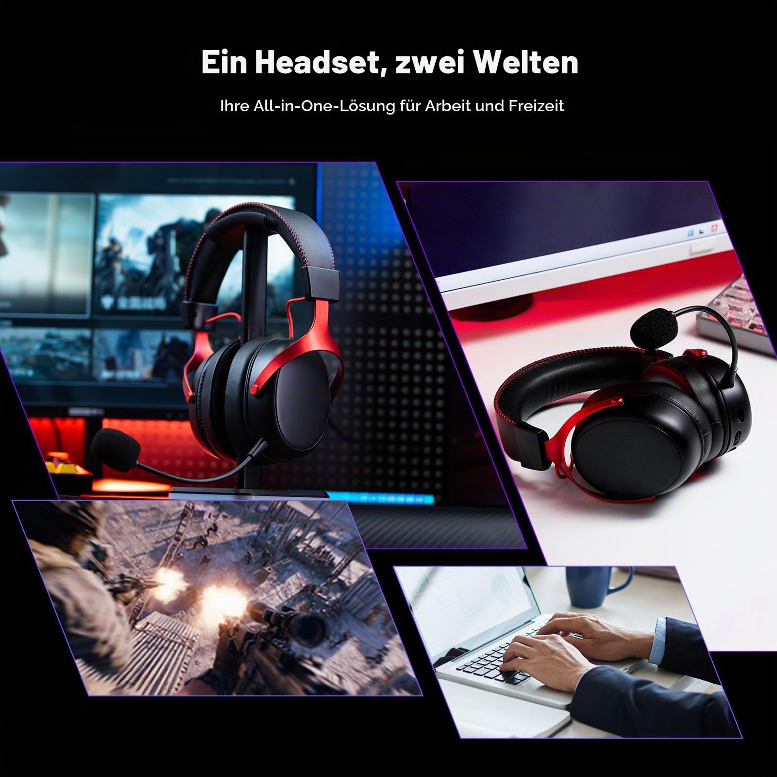 Akko Verge S9 Gaming Headset Kabellos 25ms Niedrige Latenz 270g Leicht | 53mm Treiber, Quad-Modus 2.4G Bluetooth Kabel, Mikrofon mit Geräuschreduzierung, 250H Akku, für PC PS5 PS4(Schwarz Rot)