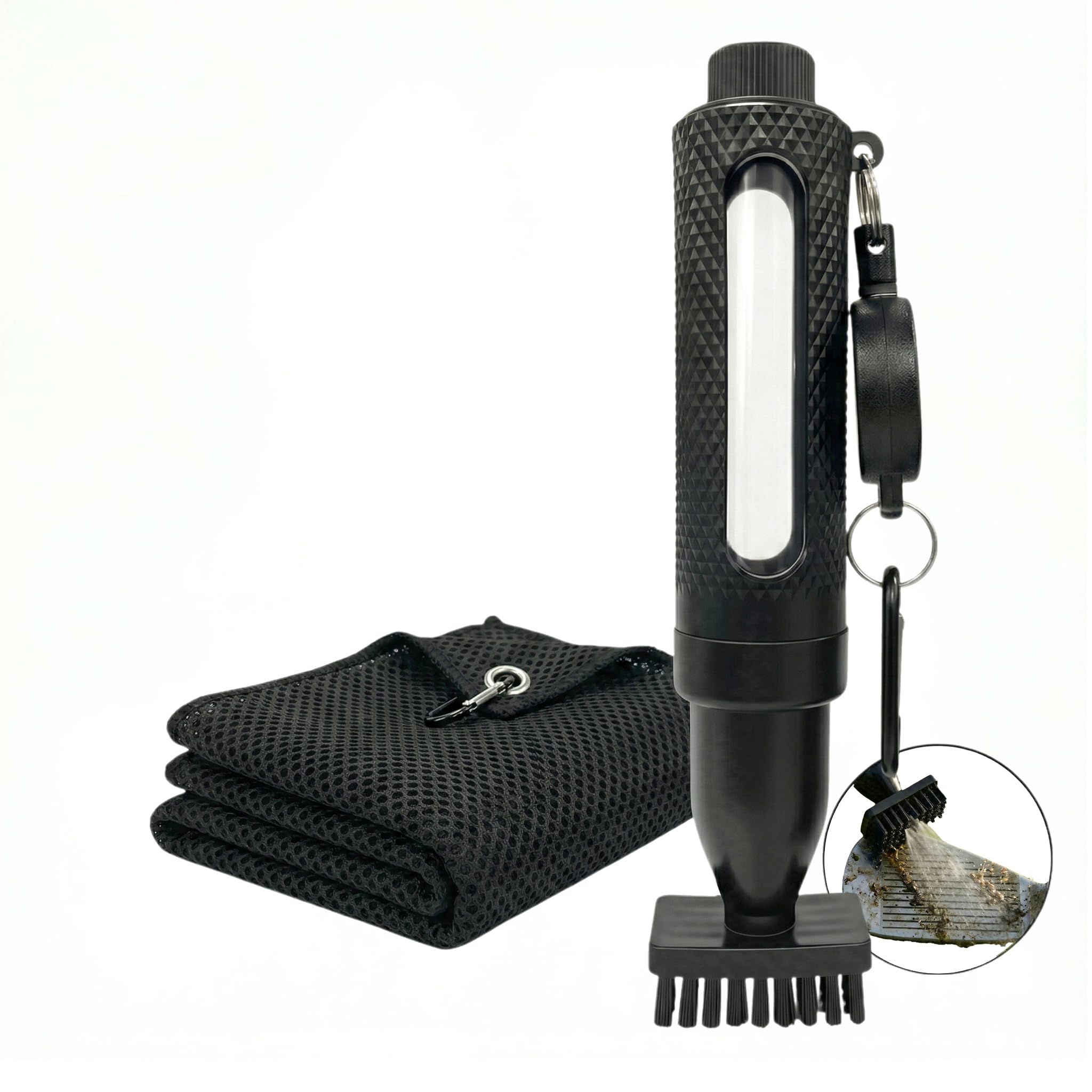 2PCS Golf Gifts for Men, Water Spray Golf Club Cleaner Brush, Portable Golf Novelty Dad Boys Gifts, Powerful Cleaning Golf Presents for Fathers Day UK Men Birthday Christmas (Black Brush+Black Towel)