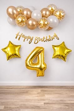 Exploded Gone Gold Concept Birthday Celebration Set; White Gold Confetti Balloon, Number Star Foil and Banner 4 Years Old