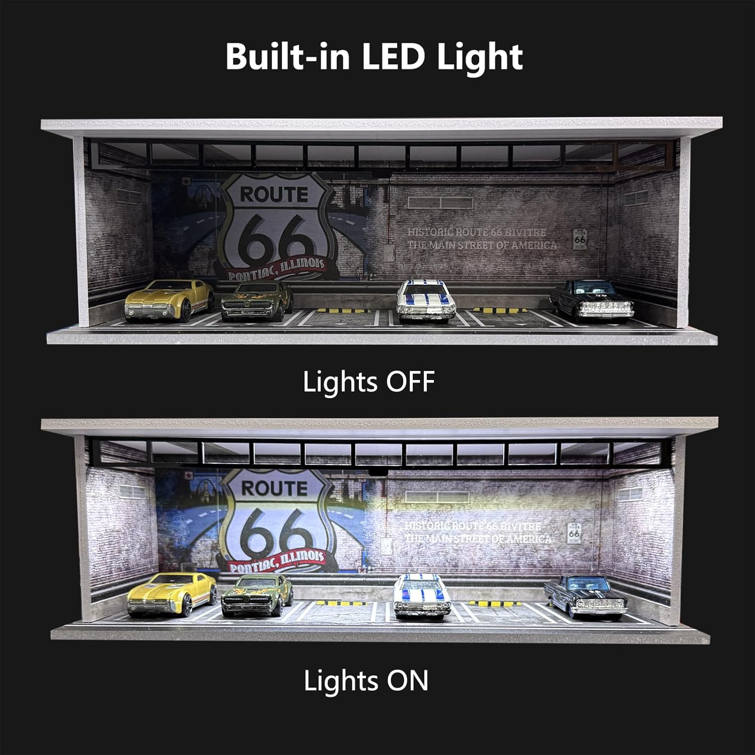 Bivitre 1/64 Diorama Display Case with LED Lights - Compatible with Hot Wheels Matchbox Mini GT Diecast Cars, for Model Car Display and Storage, Stackable Garage(Motor)
