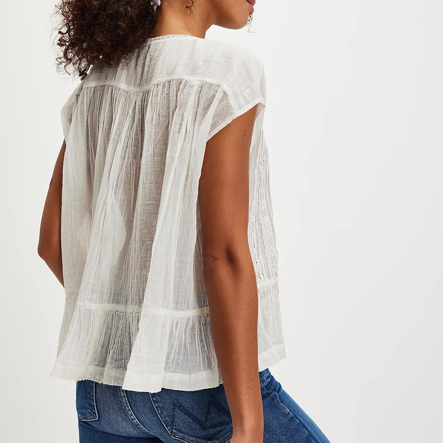 Women Y2k Semi Sheer Blouse Shirt Lace Trim Button Down Short Sleeve Round Neck Casual Going Out Tops Streetwear - Image 4