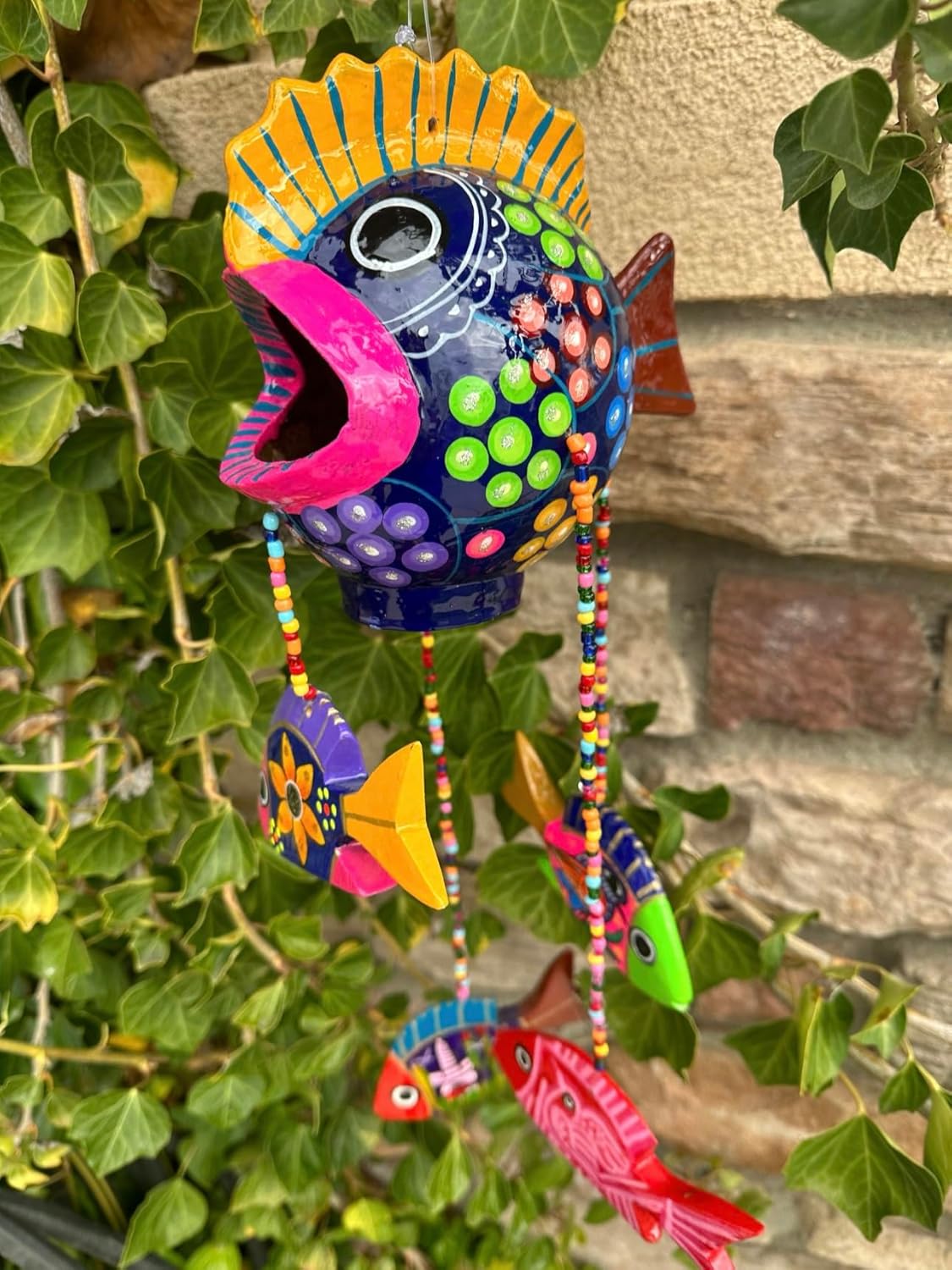 Handmade Mexican Pottery Fish Mobile - Vibrant Colors, 6x6 Inches with 15-Inch Dangling Fish