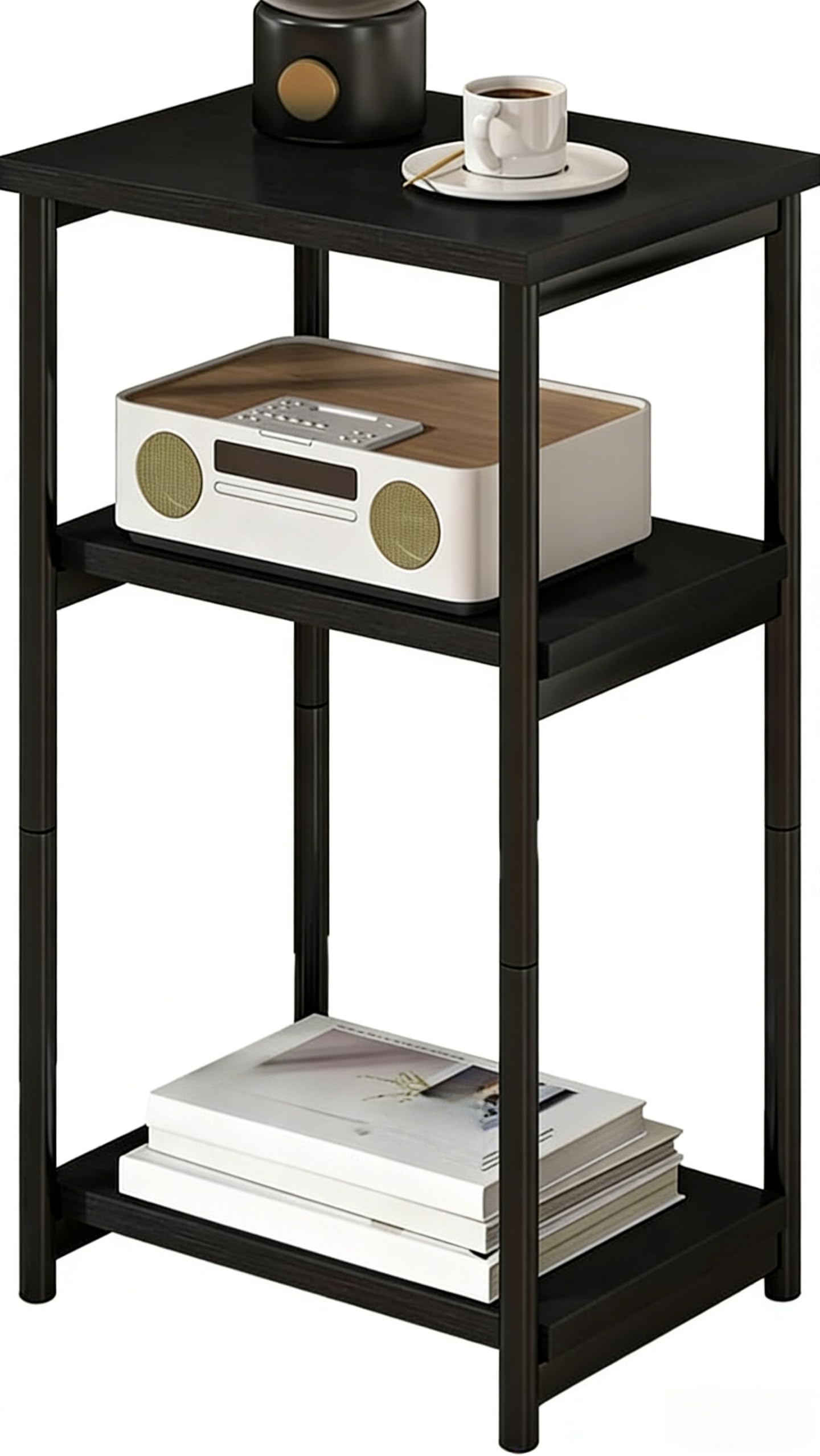 3 Tier End Table, Tall Side Table with Storage, Telephone Tables with Metal Frame Small Nightstand for Small Spaces for Living Room Bedroom Sofa Couch Hall Easy Assembly Brown (Black)