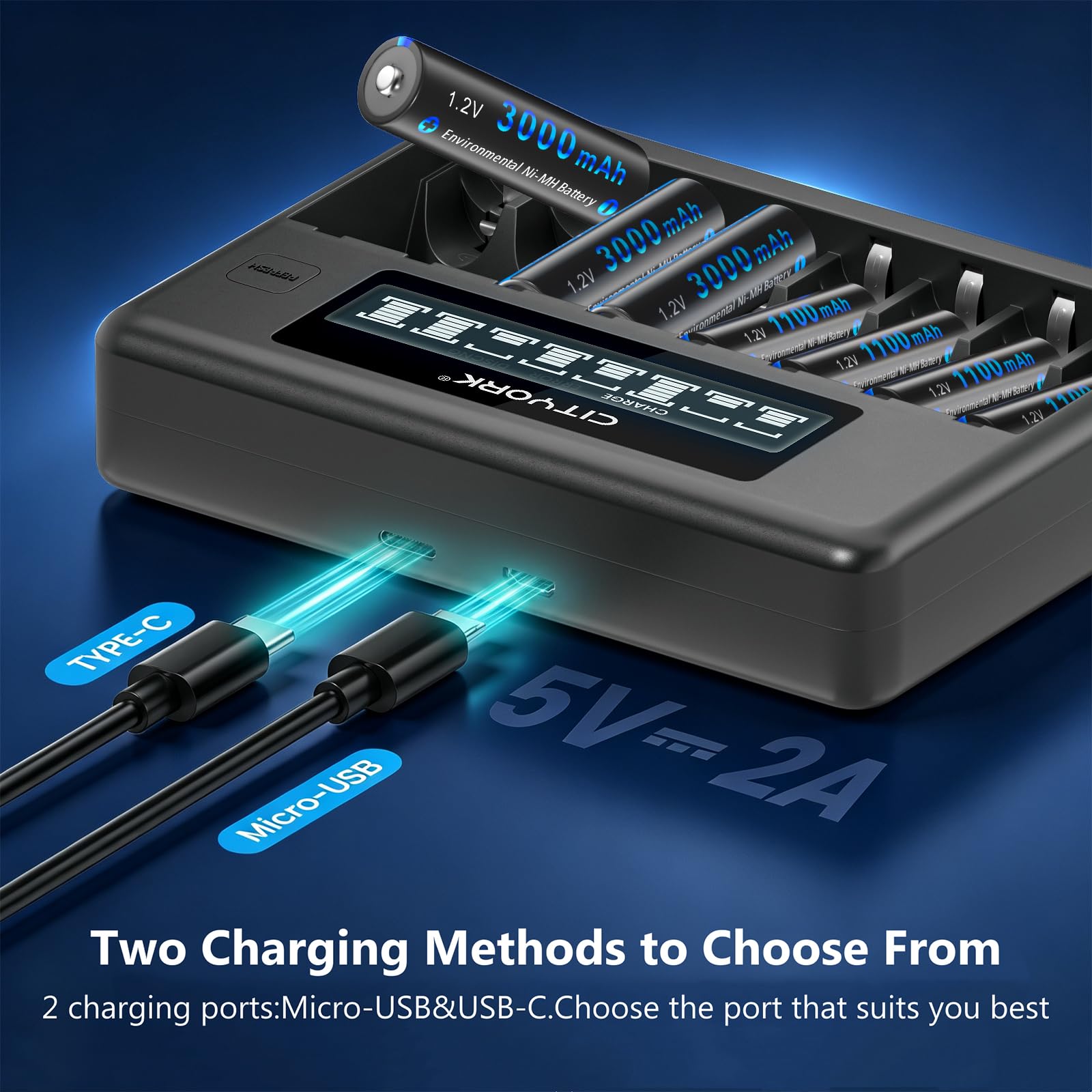 CITYORK Paquete de 12 baterías recargables AA de 3000 mAh 1.2 V Ni-MH con caja de batería con 8 bahías AA AAA LCD Smart 1.2 V NiMH/NiCd, carga rápida