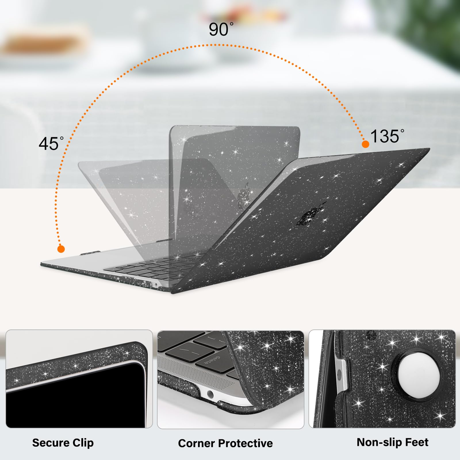 MOSISO Custodia Compatibile con MacBook Air 13 Cover M1 2021 2020 2019 2018 A2337 A2179 A1932 Touch ID, Glitter Case per MacBook Air M1 Cover 13,3'' Pollici&Copritastiera&Pellicola, Nero