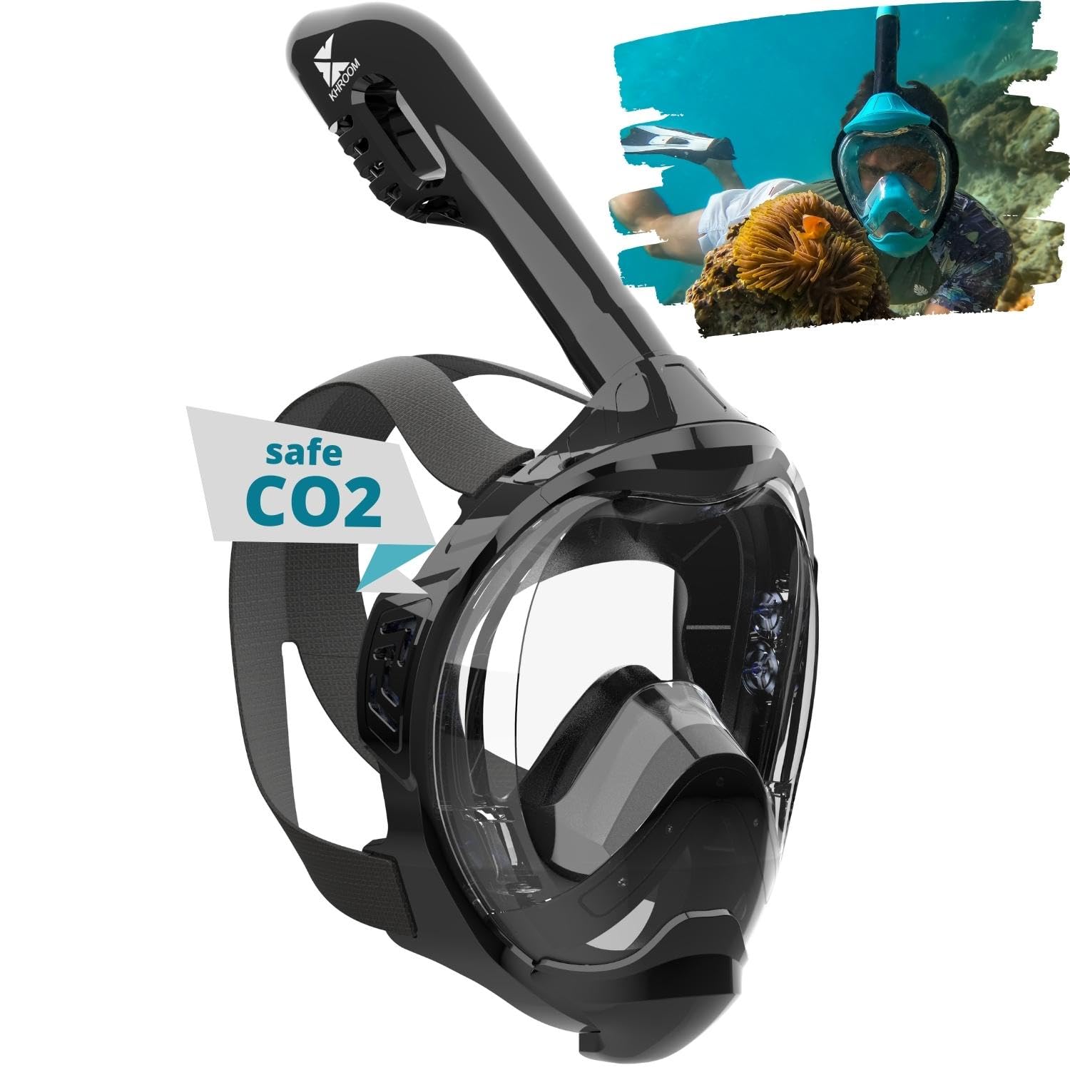 Khroom Full Face Snorkel Mask Adults and Kids 3 + | Certified CO2 Safe | Alternative to Snorkel Set | Snorkelling Equipment - Seaview Y (XS Black)
