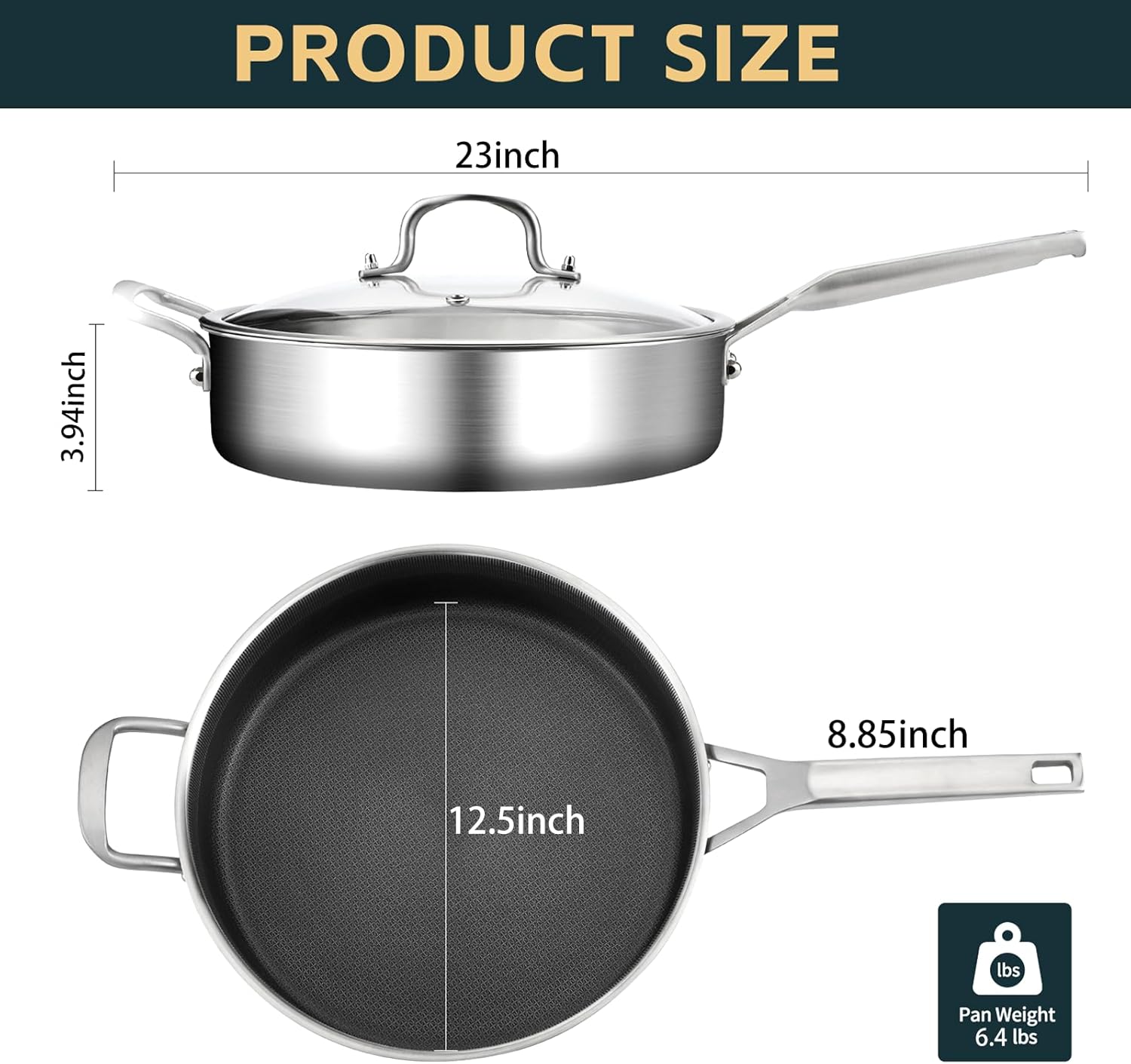 Yeksum 7 Quarts Saute Pan with Lids, Nonstick 12 Inch Deep Frying Pan, Tri-Ply Large Skillet with Lid with Stay Cool Handle, Dishwasher, Metal Utensil Safe, Suit for All Stove Up to 600℉ Compatible