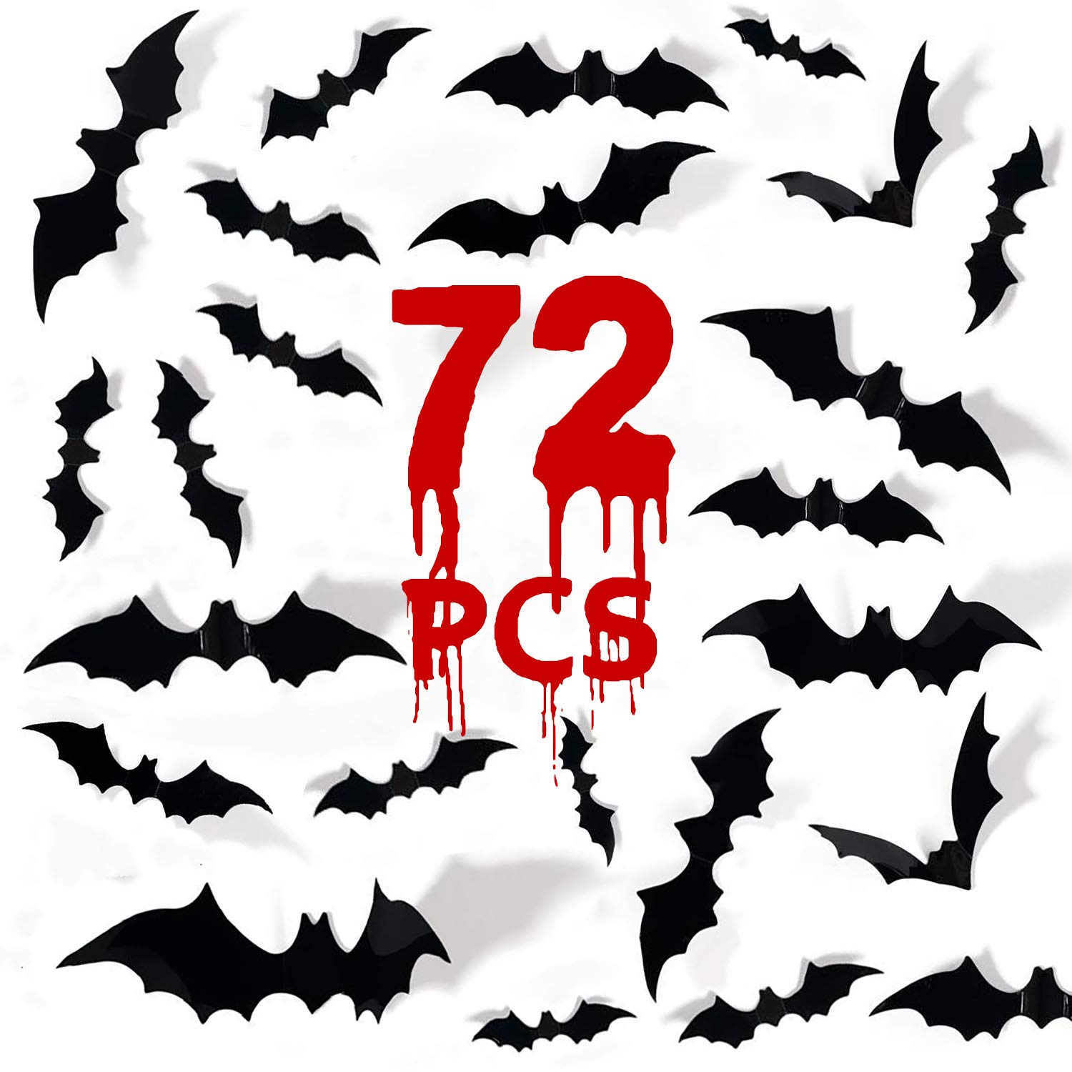 MISS FANTASYHalloween Bats 72PCS Bats Decor 3D Bat Decorations Bats for Wall Black Plastic Bat Decal Stickers for Home Office Wall