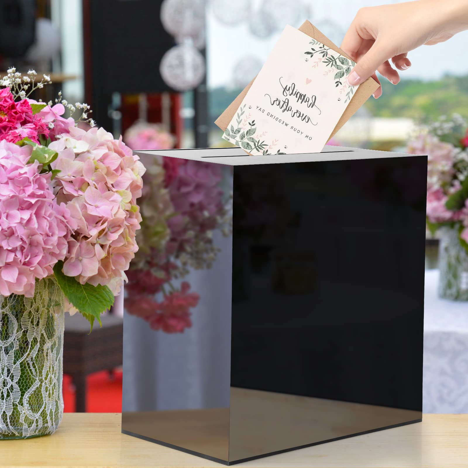 Pudełko na karty ślubne, czarny akrylowy uchwyt na kartę podarunkową DIY na przyjęcie, rocznicę, urodziny, baby shower, dekoracje z okazji ukończenia szkoły, 25 x 25 x 14 cm