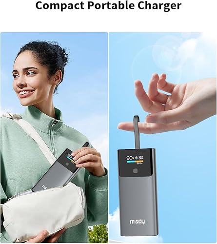 Miniatura 7 de Miady Cargador portátil, PD de 35 W de carga rápida con pantalla digital inteligente, batería de 10000 mAh, cable USB-C integrado compatible con