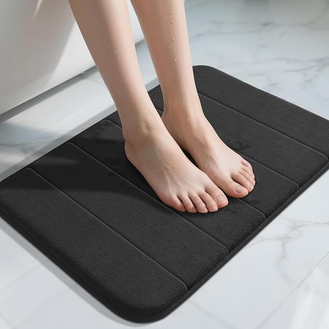 Yimobra Memory Foam Bath Mat, Super Soft Absorbent Bathroom Rug Non Slip 24x17 Inch, Quick Dry, Machine Washable Floor Carpet for Tub Shower, Home Decor Accessories, Black