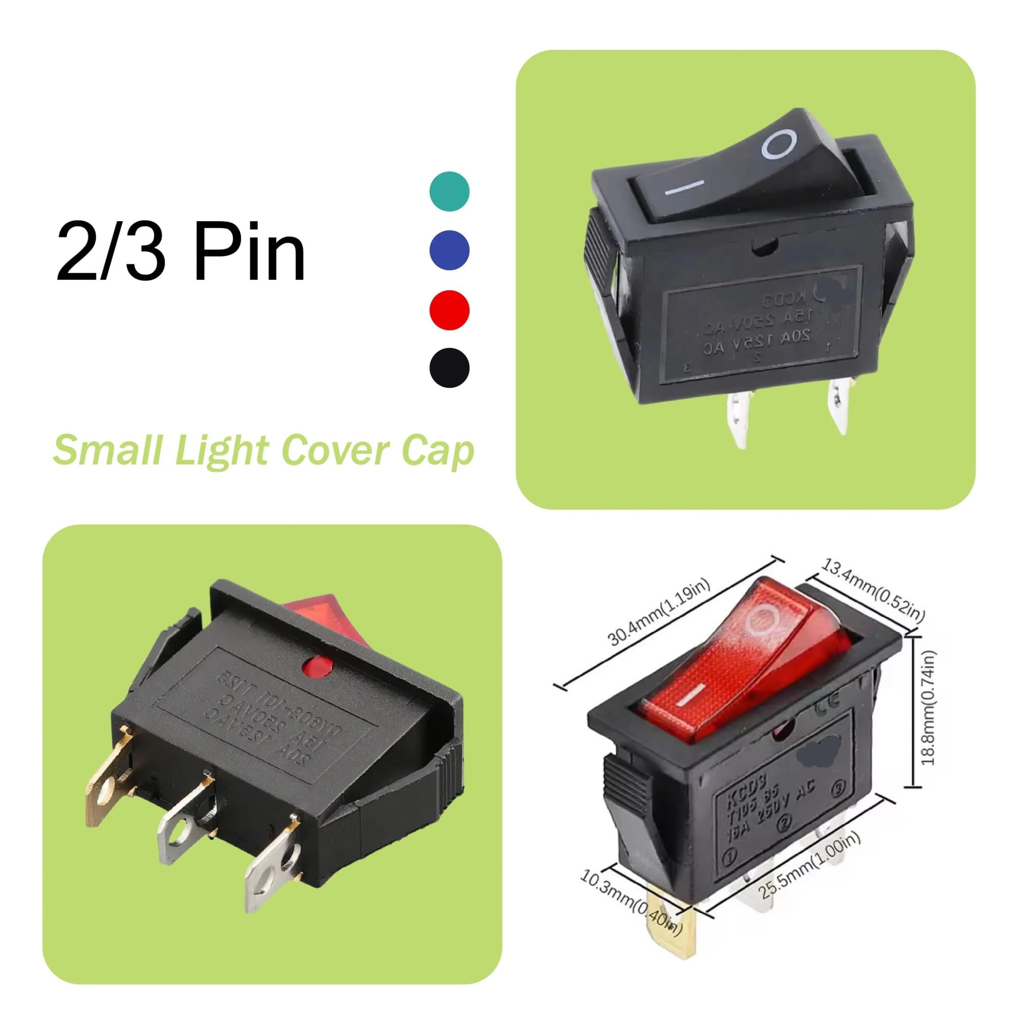 Interruptor basculante iluminado LED KCD3, encendido y apagado, 2/3 pines, 16 A, 250 V, con luz indicadora for equipos eléctricos de electrodomésticos automotrices.(3Pin Green,20PCS)