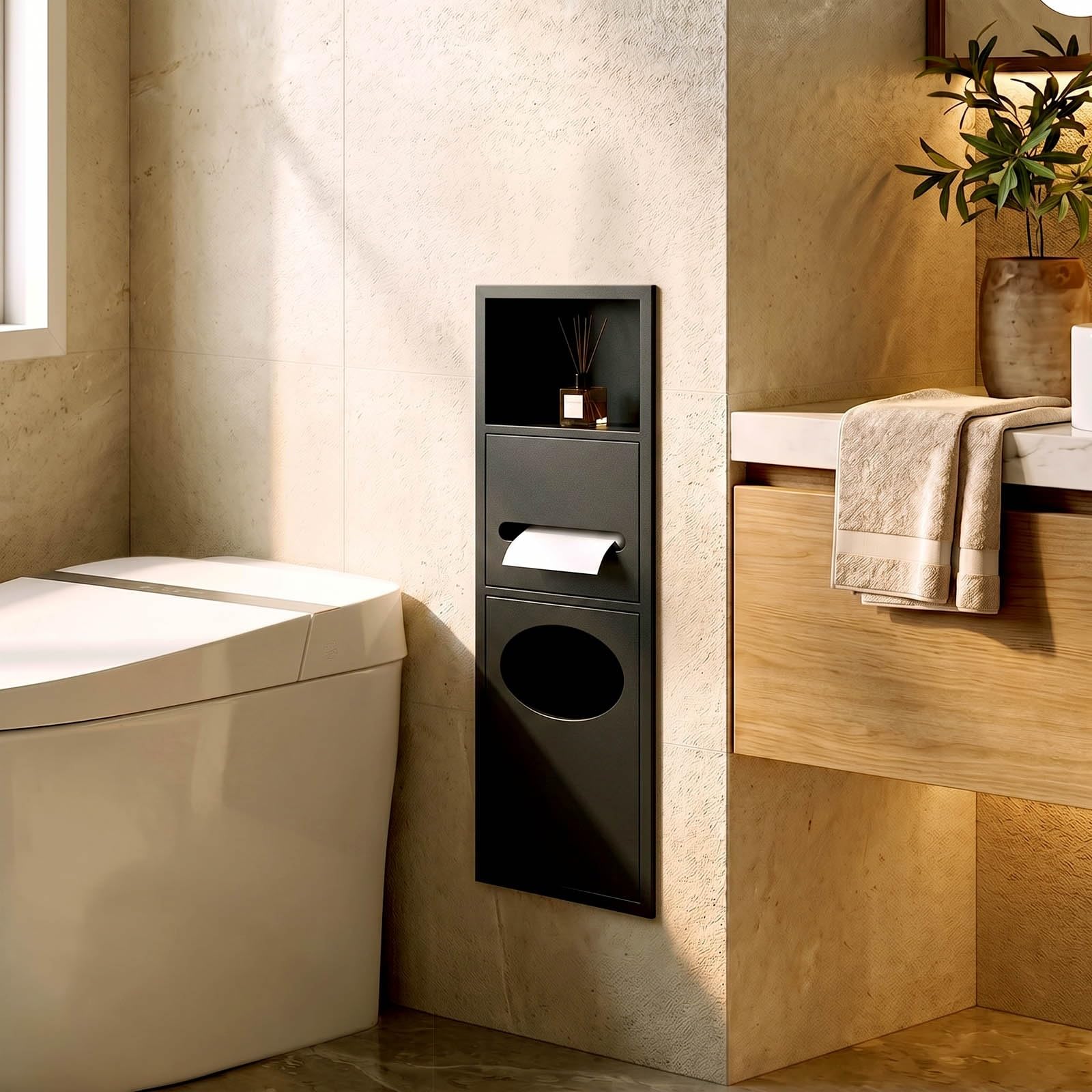 Portarotolo da Incasso Bagno in Acciaio Inox con Cestino Nascosto | Salvaspazio Design a parete integrato in acciaio inox, ideale per bagni piccoli e ristrutturazioni(Nero,63x20x13.5cm)