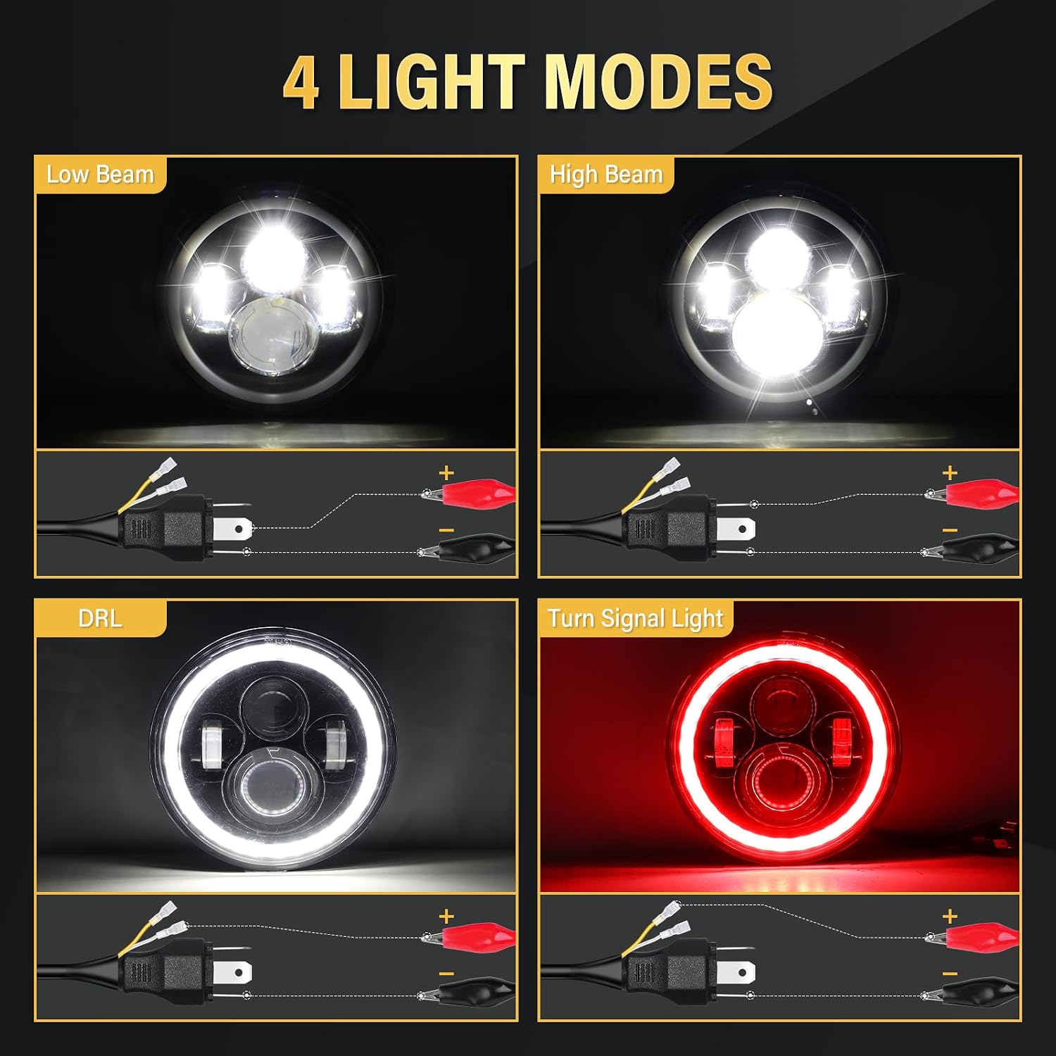 RIGIDON 2PCS 7 Inch Round LED Headlight, 4 LED Motorcycle Headlight White DRL High/Low Beam Red Halo Turn Signal Angle Eyes Light for Wrangler JK TJ LJ CJ Motorcycle Davidson