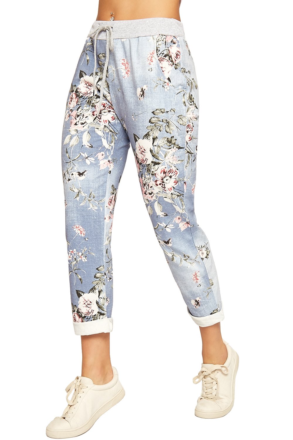 Wearall Women's Light Blue Floral Print Drawstring Elasticated Trousers Jogging Bottoms Pants- 20-22