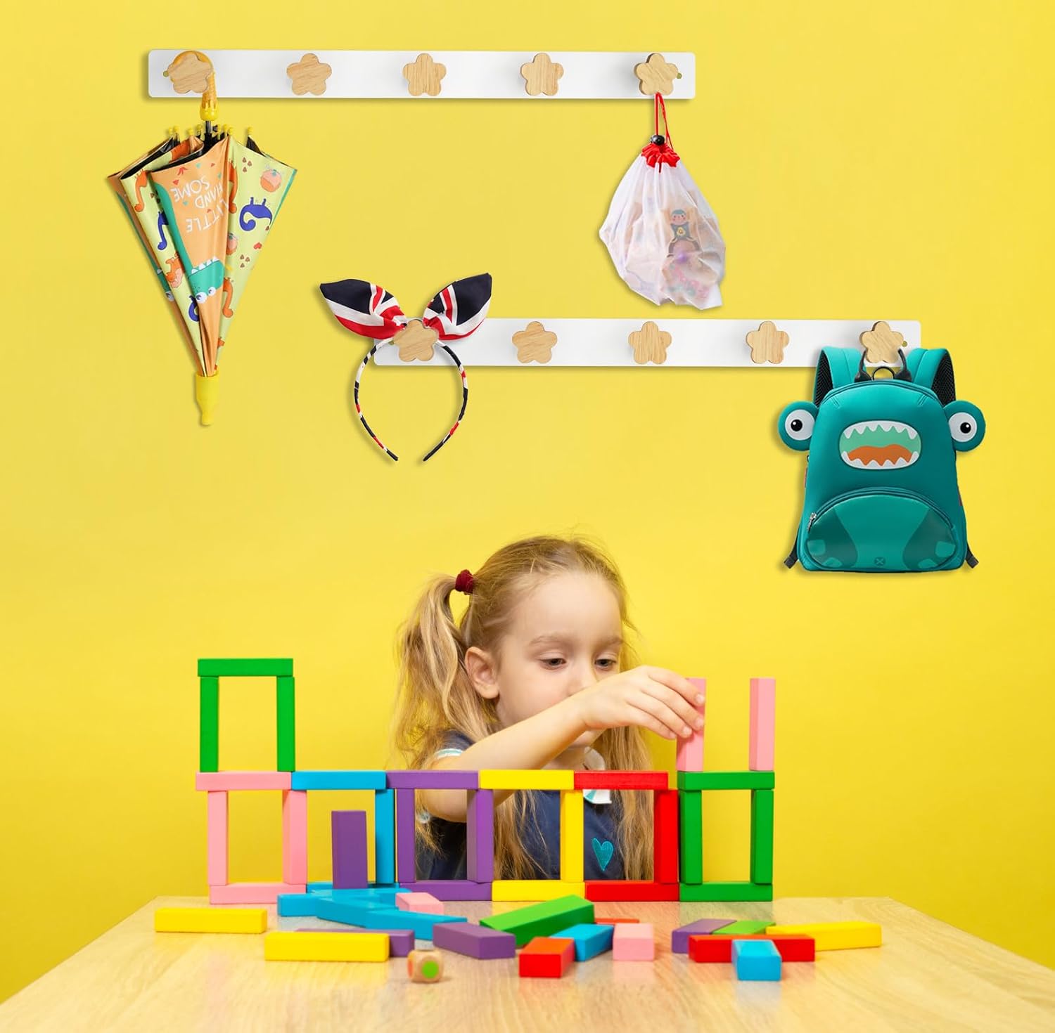 Wall Mounted Kids Coat Rack with Hooks Coat Hook, Wall Mounted Backpack Hanger, Towel Rack with 5 Cute Hooks, No Drilling Needed(flower-1pc) image 3