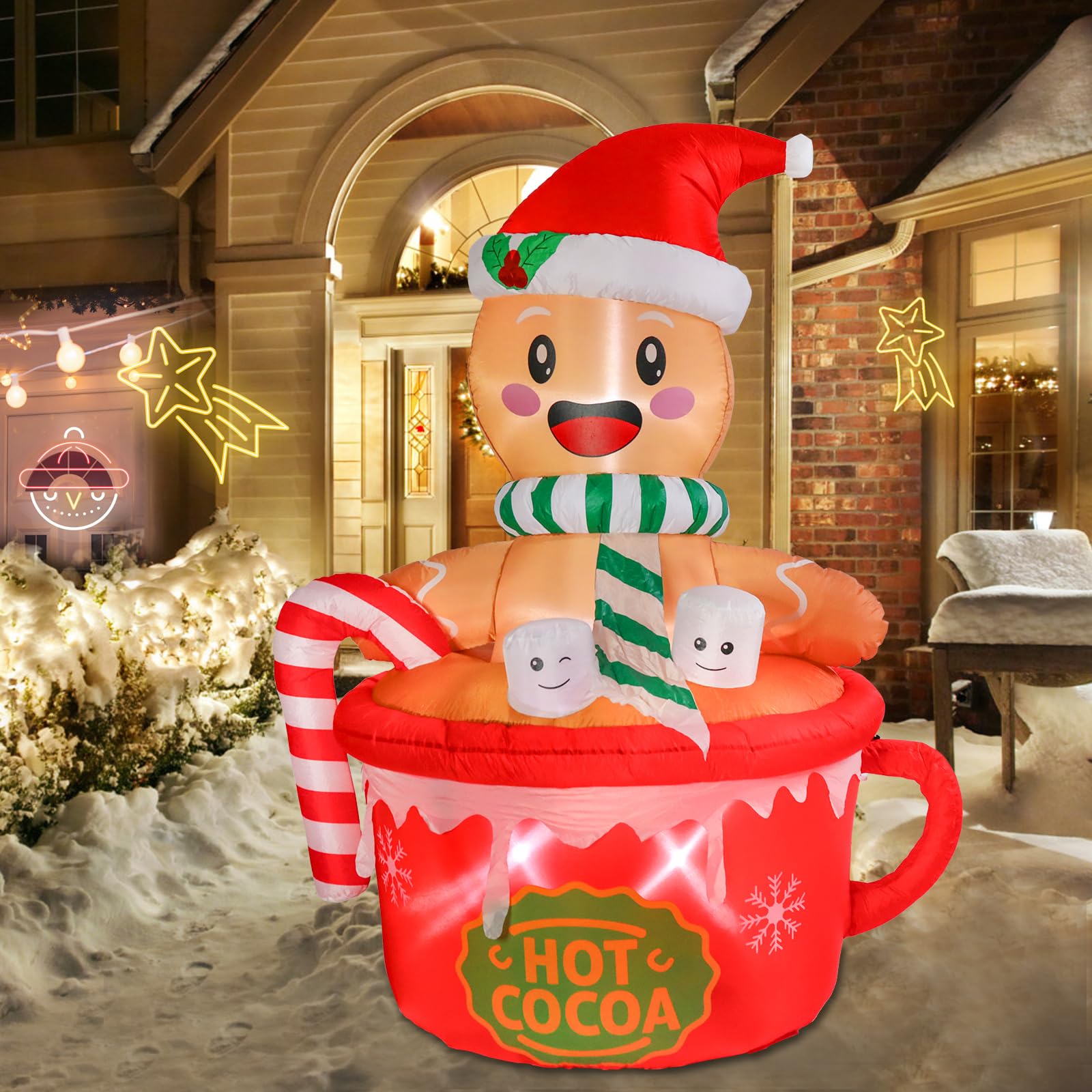 VCUTEKA Christmas Inflatables Gingerbread Outdoor Decorations - 6FT Inflatable Gingerbread Man in Hot Cocoa Mug Christmas Blow Up Yard Lighted for Holiday Garden Lawn Xmas Decor