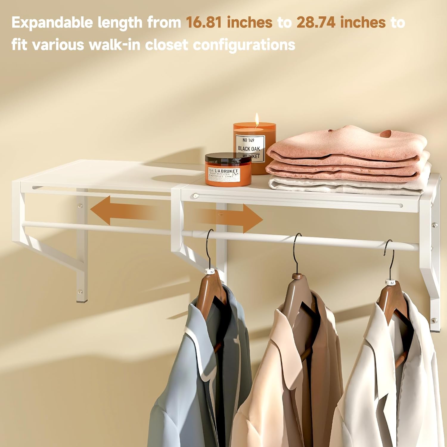 ThreeHio Expandable Closet Shelves Wall Mounted, 2 Pack Closet Shelving with Hanging Rods, Wall Shelving for Walk-in Closet, Hanging Shelves Organizer and Storage for Closet, Laundry
