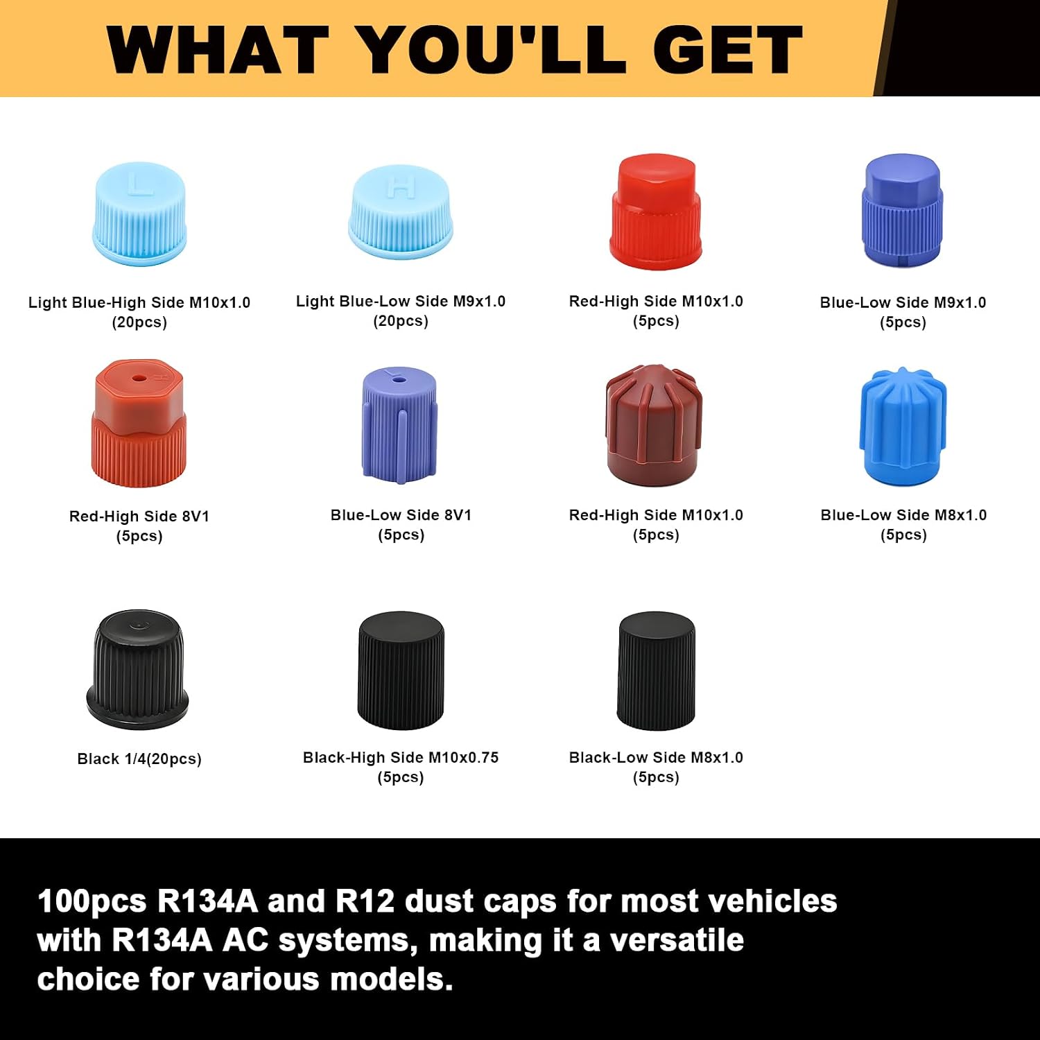 Siptenk 100PCS Car AC Dust Caps, R12 R134a High & Low Pressure Port Caps | 11 Size, ac line caps, A/Conditioning Sealed Recharge Valve Core Dust Cap Assorted Kit, for AC System Ports
