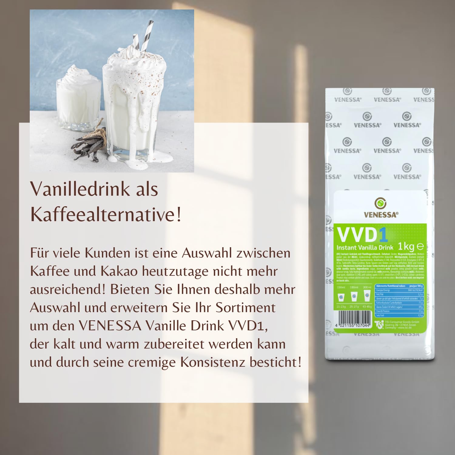 VENESSA Vanilla Drink VVD 1 Lot de 5 x 1 kg – Aromatiquement soluble, lait vanille en poudre avec note de vanille fine pour vos clients – Convient pour toutes les ventes