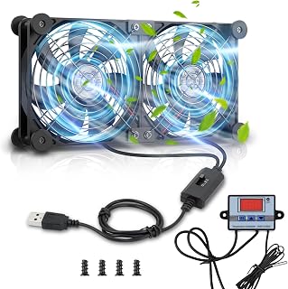 ELUTENG 2 in 1 USB Lüfter 120mm, 5V Doppelt USB Ventilator mit 3 Geschwindigkeiten, 12cm PC Lüfter mit 8 Dämpfungsfüßen und Digitalem Temperaturregler für PS5, PS4, Laptop, TV Box, Router
